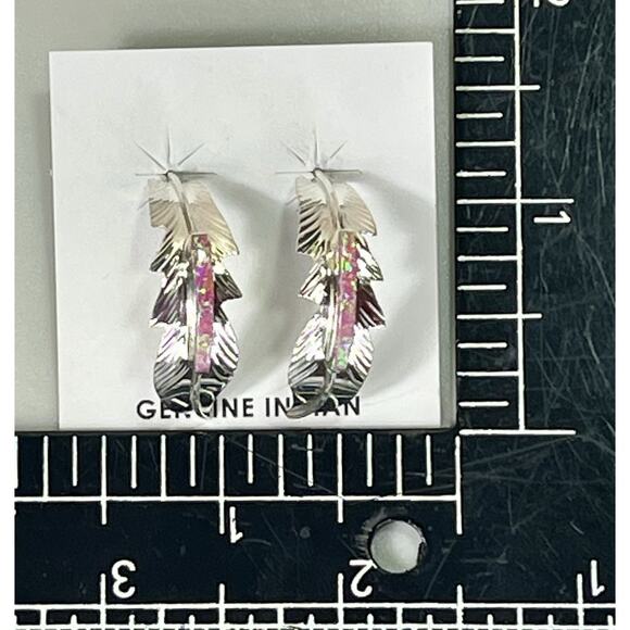 New Navajo Allen Barney Sterling Silver Pink Opal Feather Earrings Native SW - Picture 13 of 14
